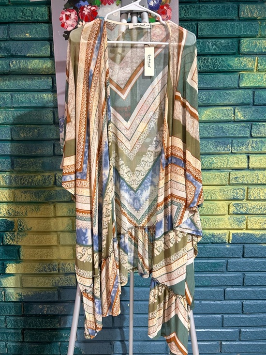 Three Bird Nest Pants - Three Bird Nest Olive Multi Chevron Kimono Cardigan semi sheer ruffled NWT s/m